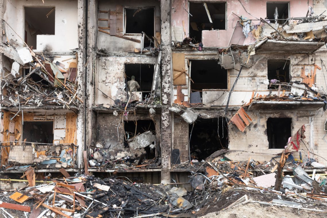 War of Russia against Ukraine. Residential building damaged in K