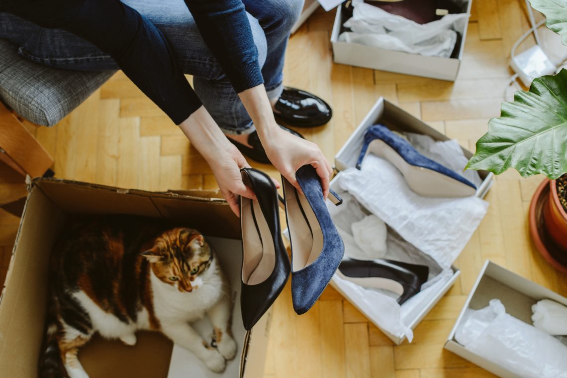 Woman unboxing new shoes with cute home pet cat helping her