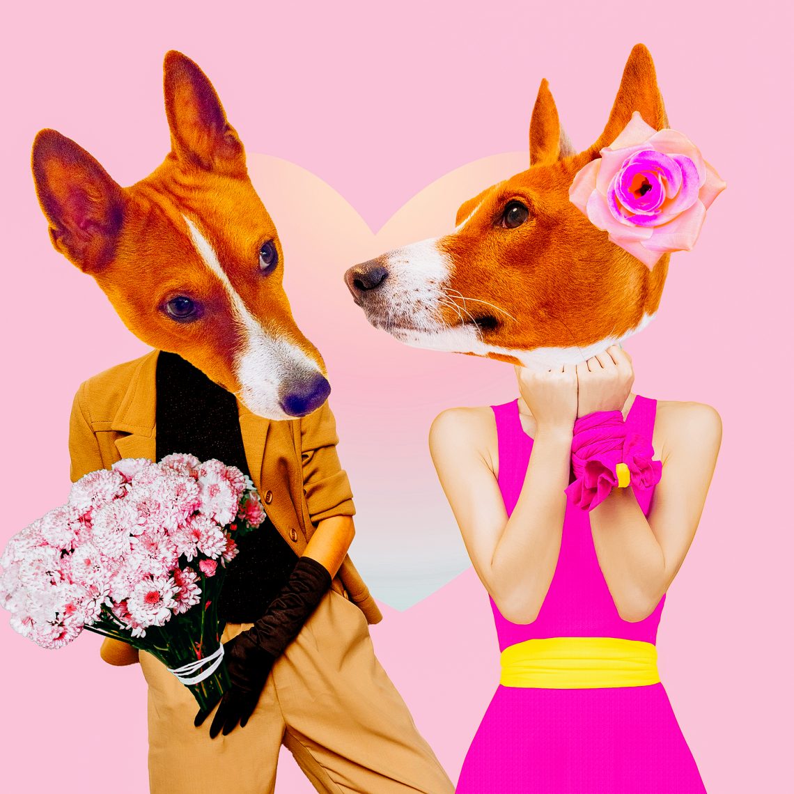 Minimal Contemporary collage art. Dogs in love. Date. St. Valent