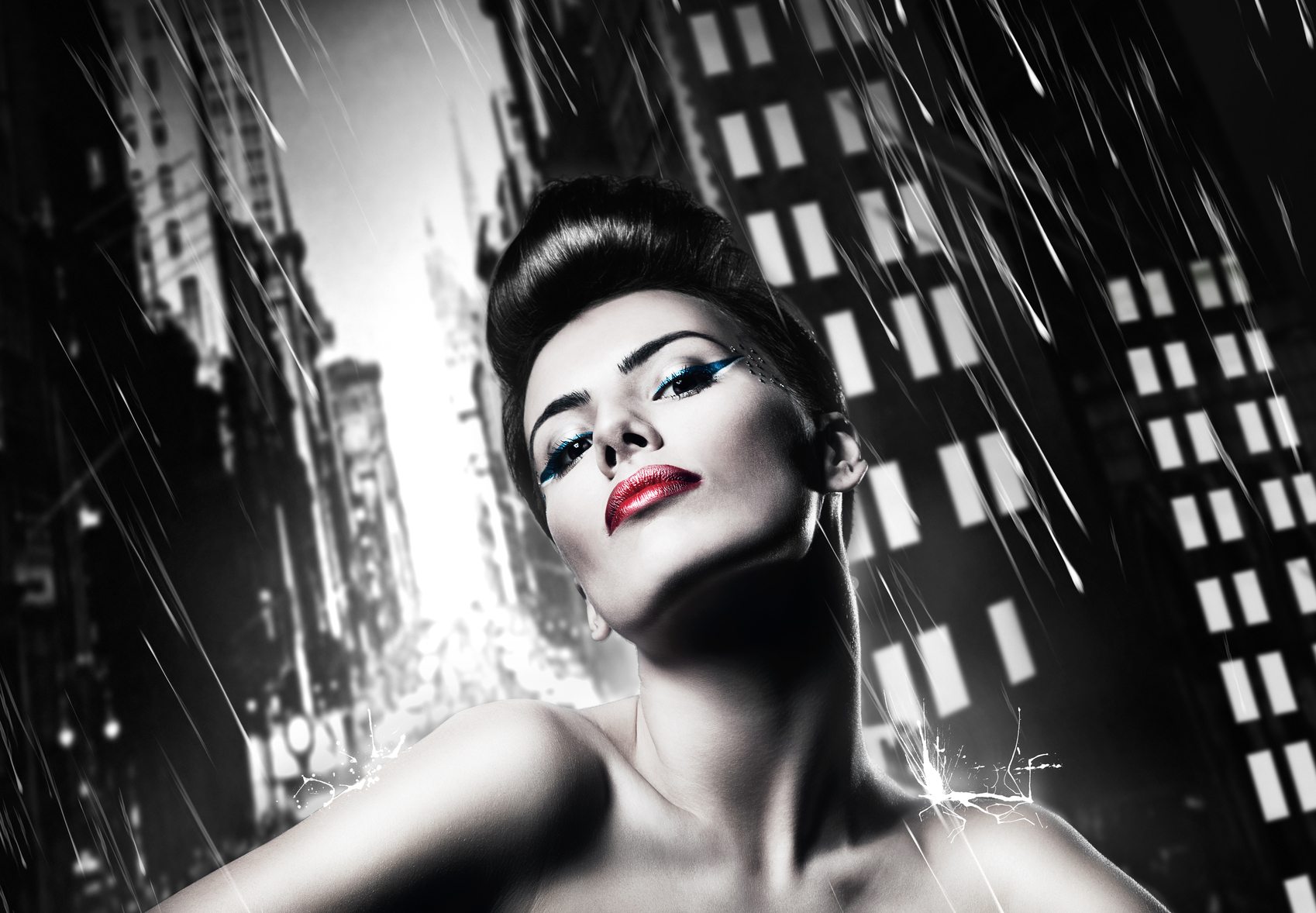 attractive brunette woman with red lips in rainy city
