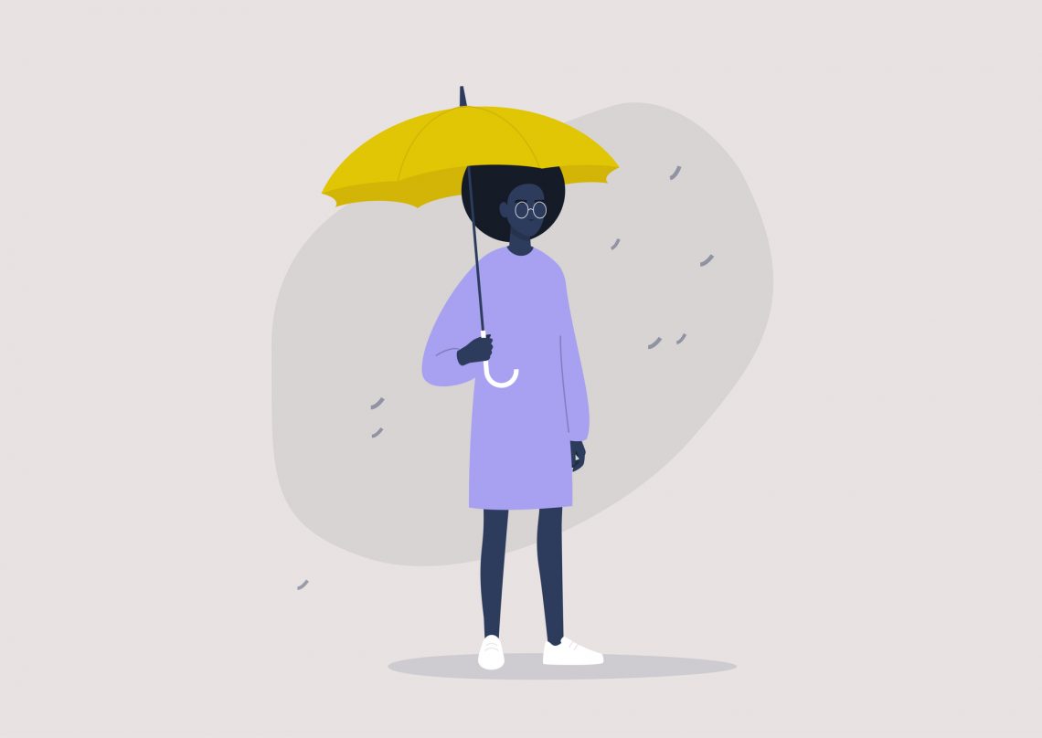Иллюстрация темнокожая женщина под зонтом