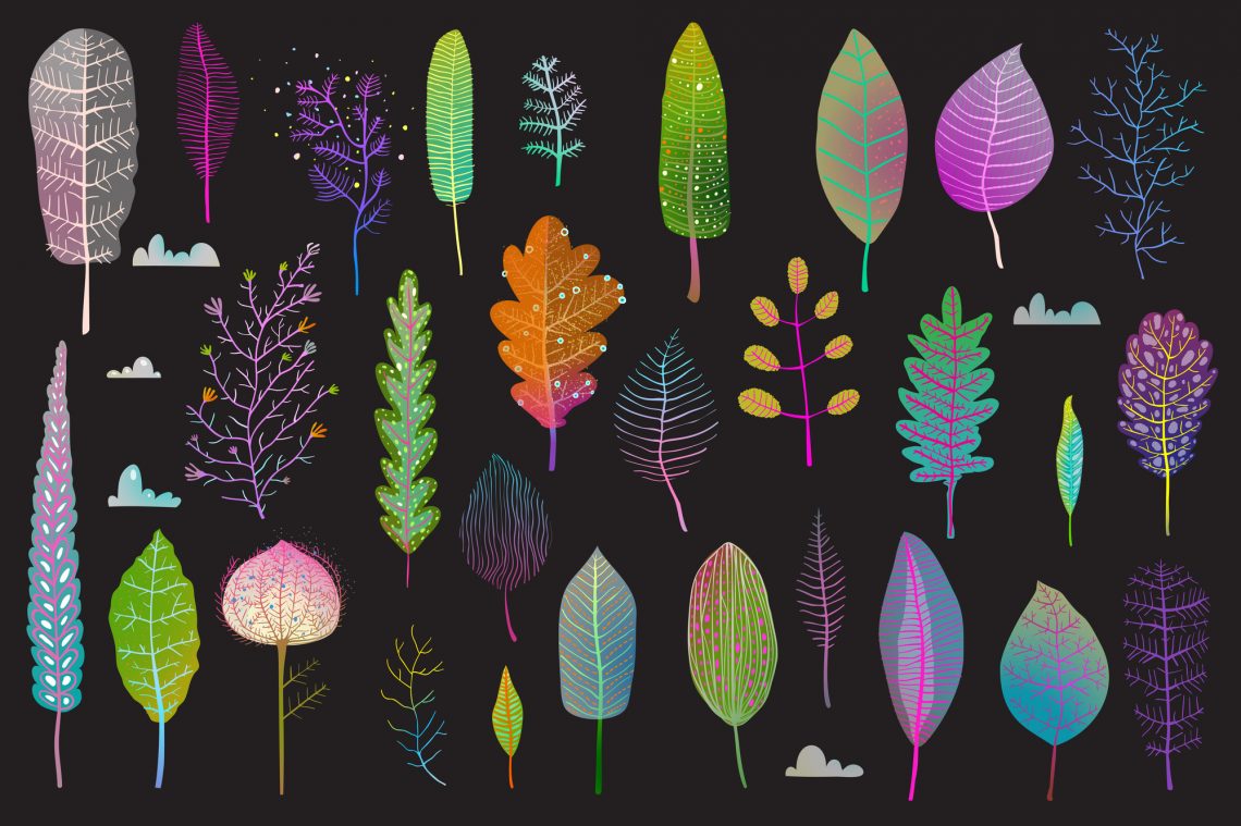 Иллюстрация разноцветные листья на черном фоне