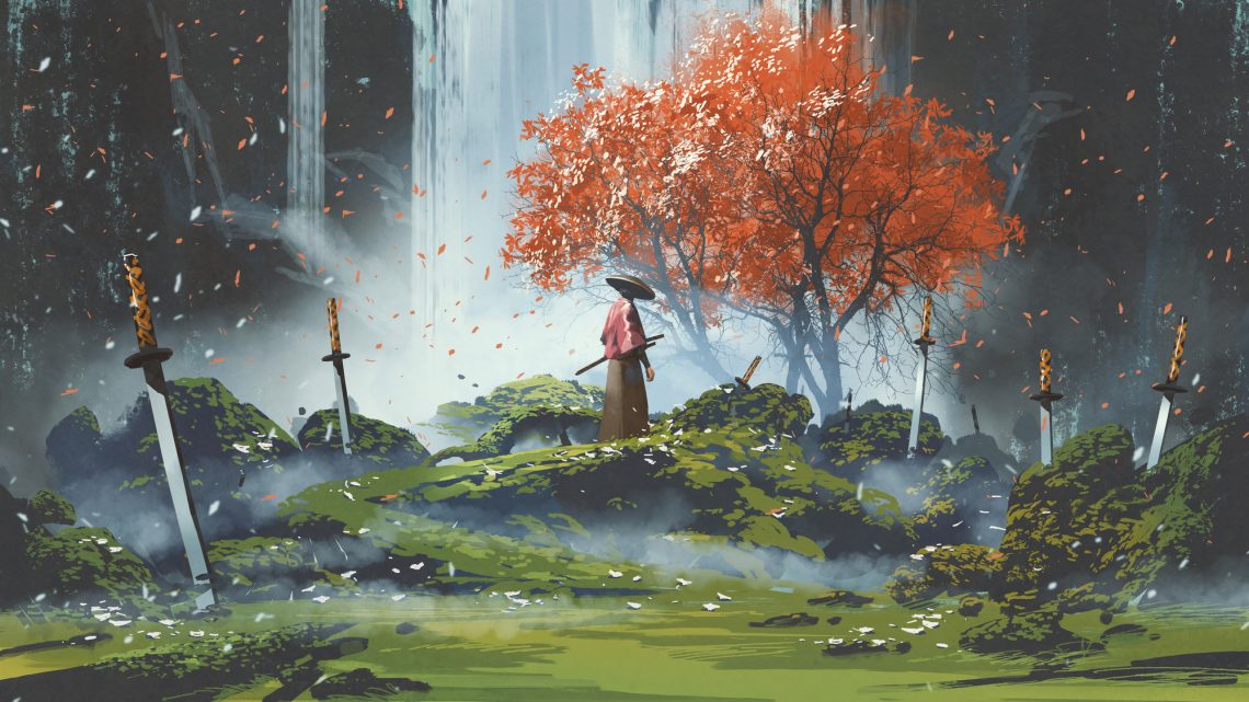 Иллюстрация самурай на фоне водопада в осеннем саду