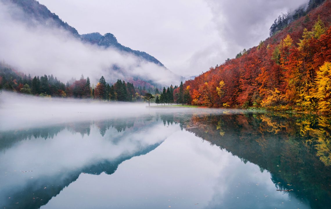 Фото тумана над озером на фоне гор и осеннего леса