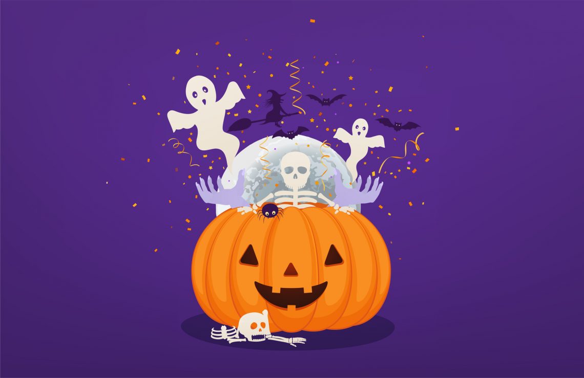 Иллюстрация тыква к Хэллоуину с привидениями, летучими мышами и скелетами