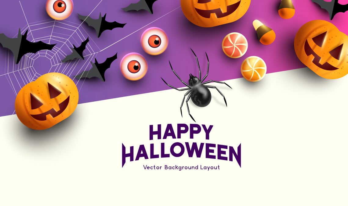 Иллюстрация открытка к Хэллоуину с тыквами, пауком, летучими мышами