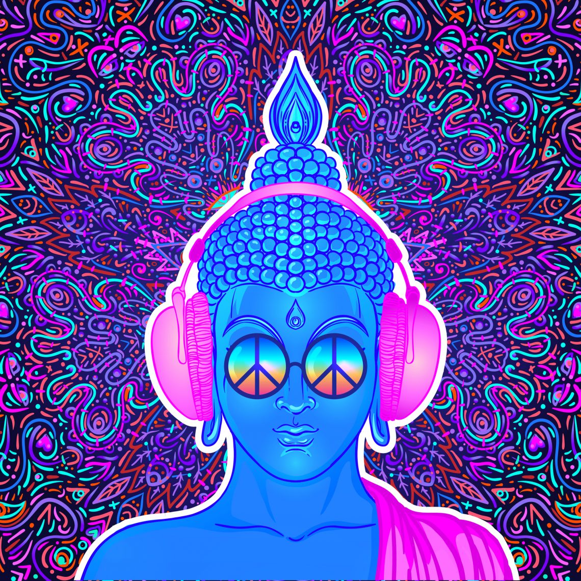 Ілюстрація синій Будда в наушниках