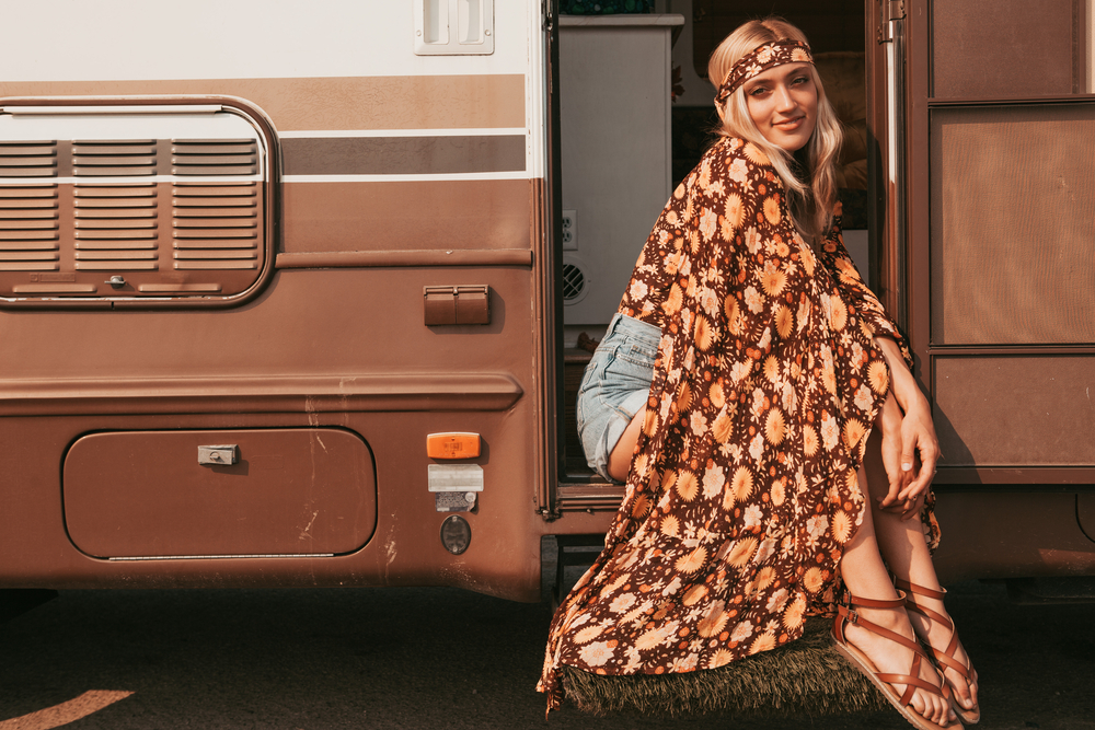 retro campervan with hippie californiagirl. california van lifestyle