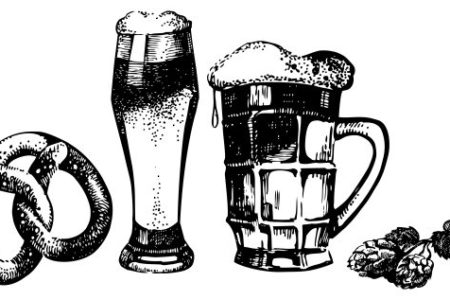 Oktoberfest set of beer, hops and pretzel. Hand drawn illustrations
