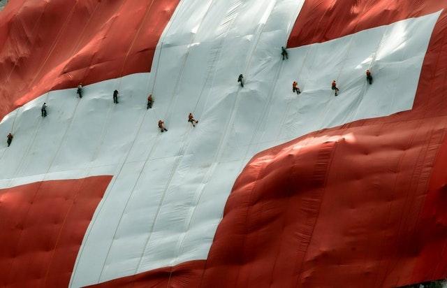 Swiss flag (80mx80m) on Mount Saentis, Switzerland, to celebrate the National Day