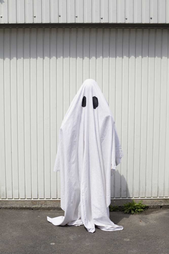 A white ghost in front of a garage door