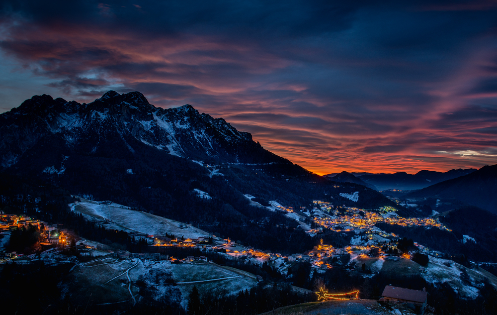 mountain village at sunset 
