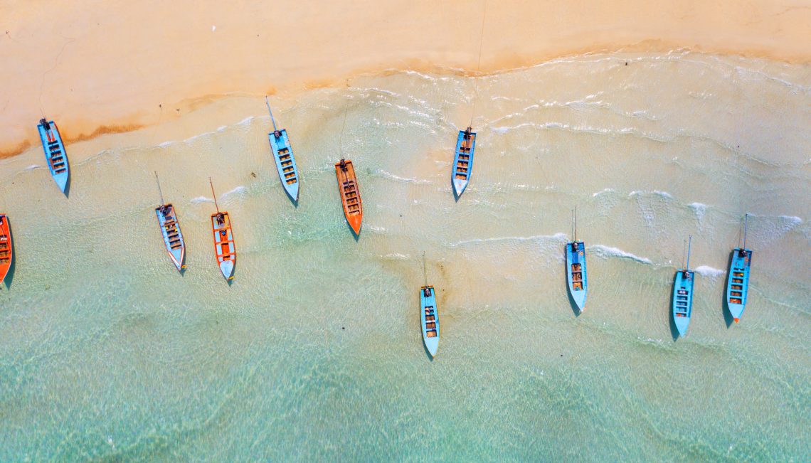 Aerial: Shoreline with fishing boats