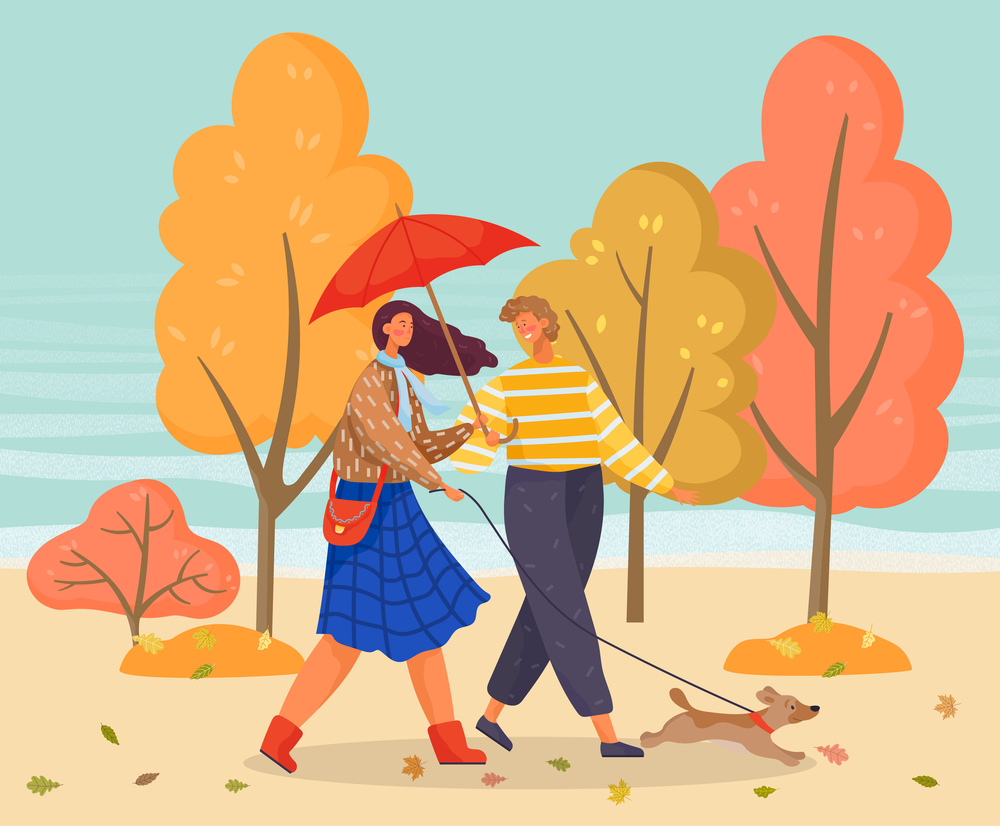 Ілюстрація пара гуляє восени із собакою
