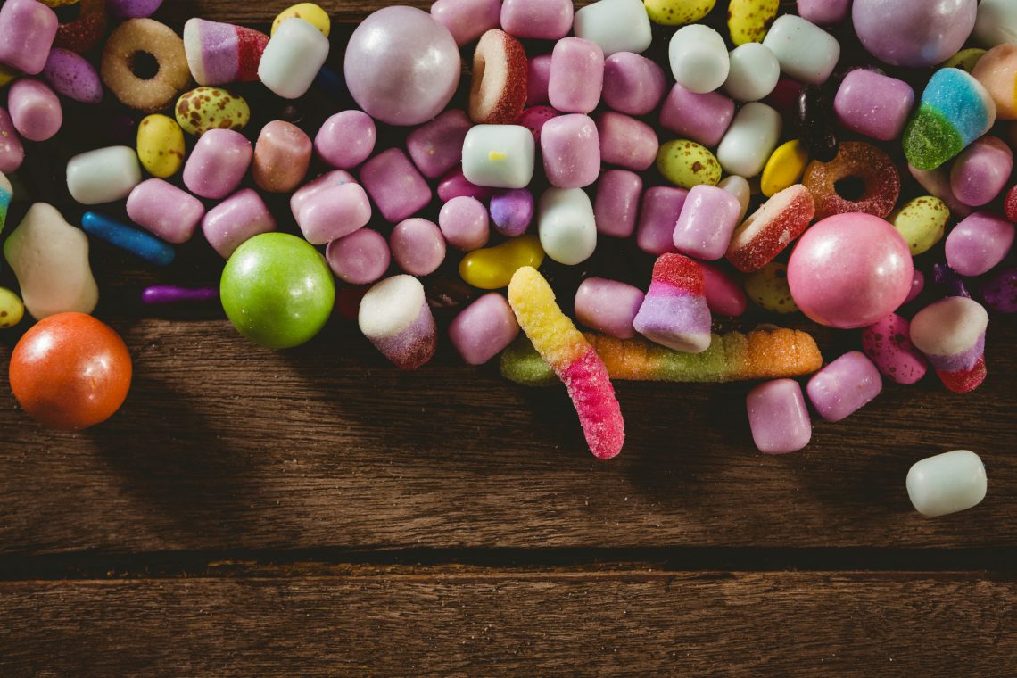 Overhead close up of various candies halloween stock photo