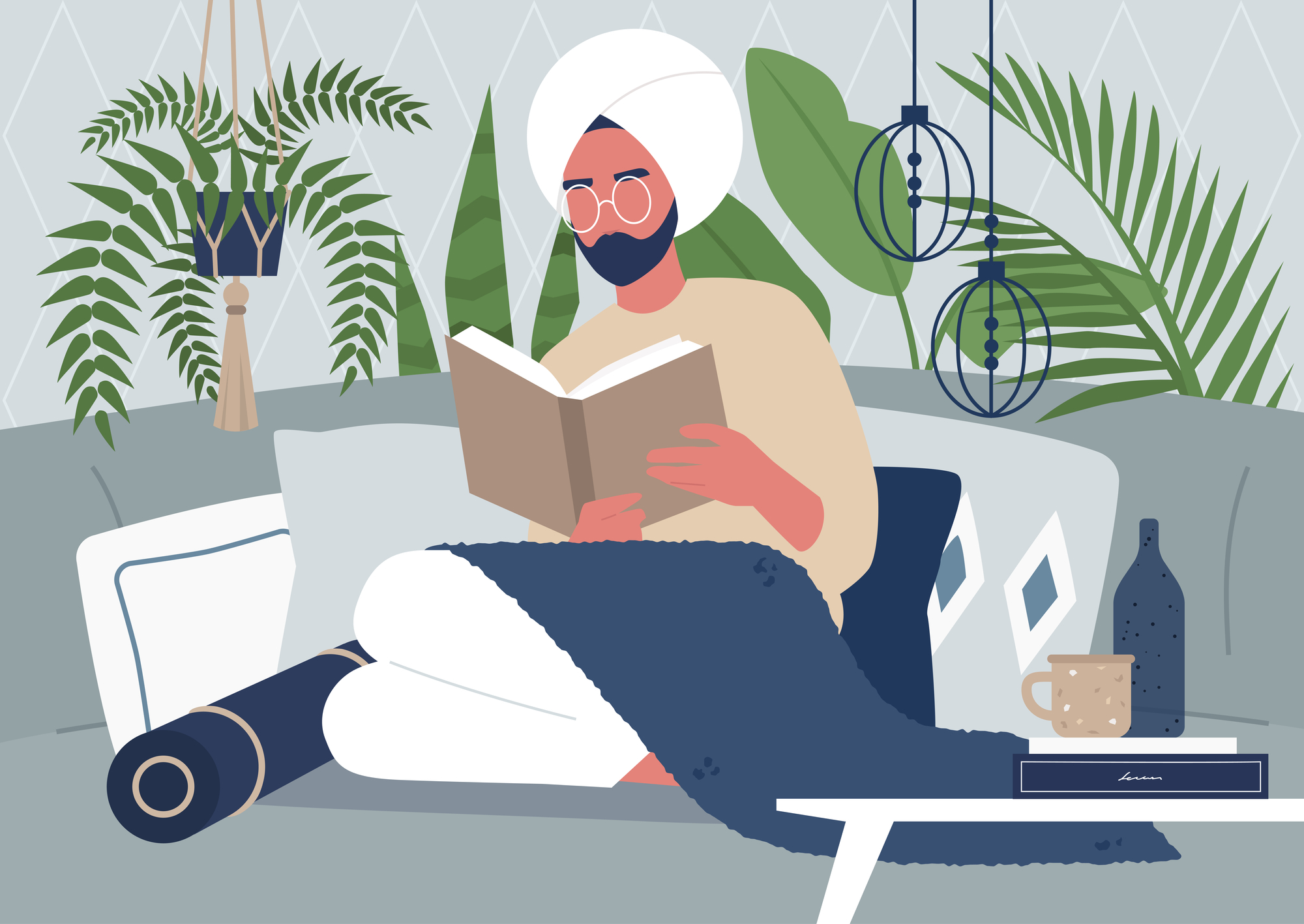 Young indian male character reading a book stock illustration
