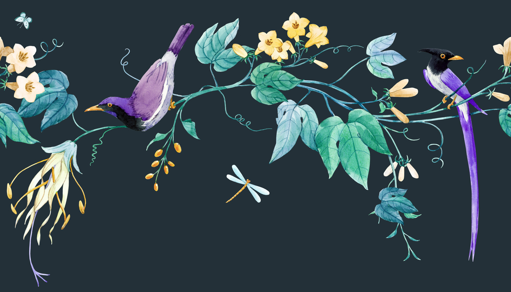 Ілюстрація акварель птахи та квіти на чорному фоні
