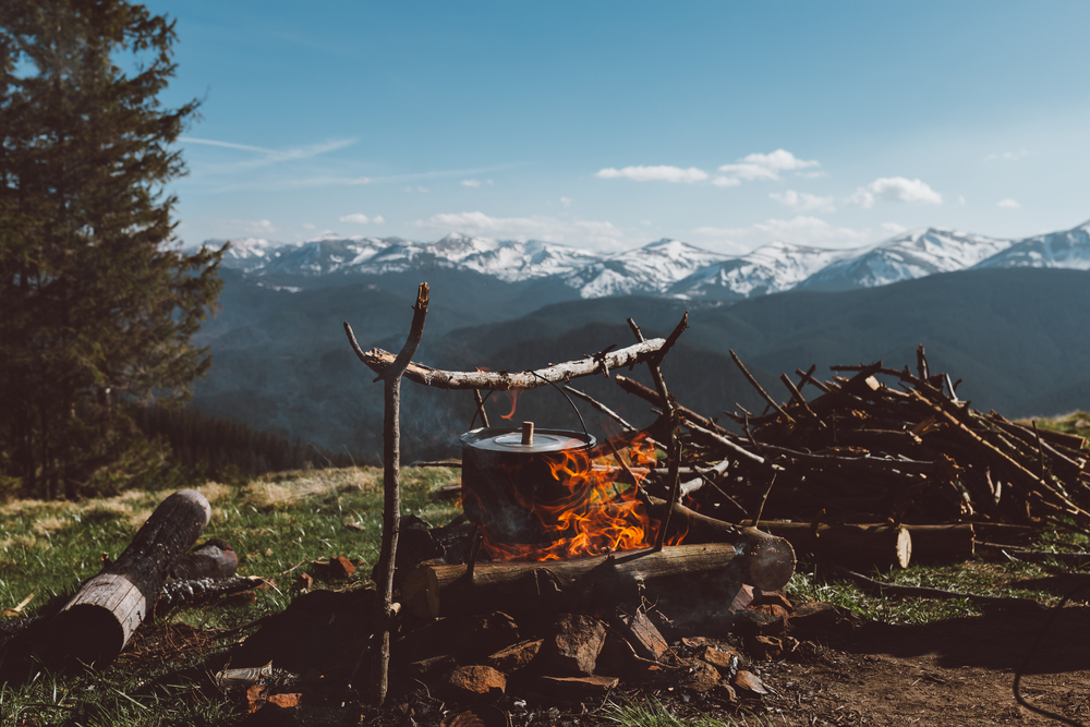 stock photo mountains camping fire
