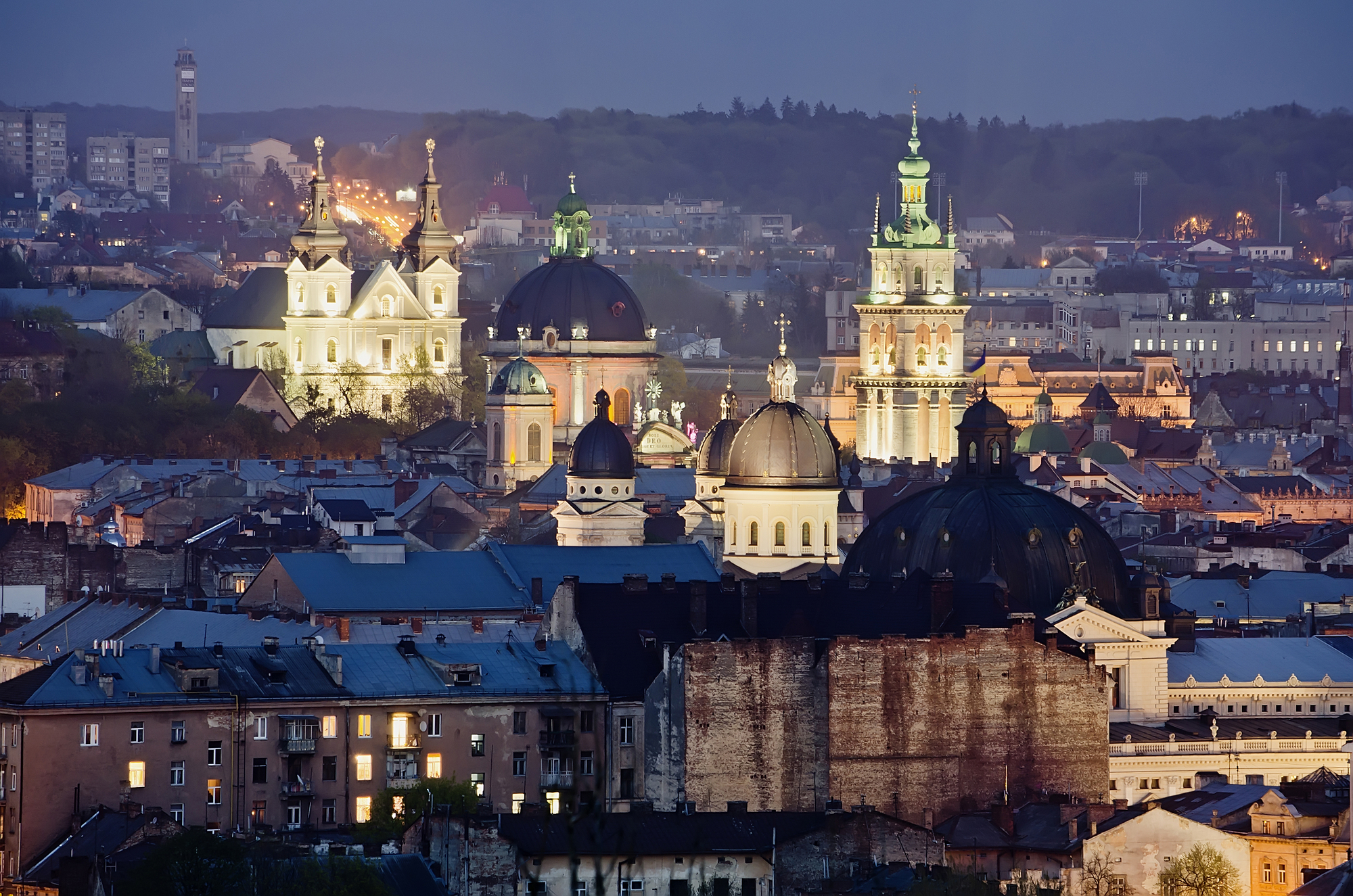 Historic center of Lvov city at night close up stock image
