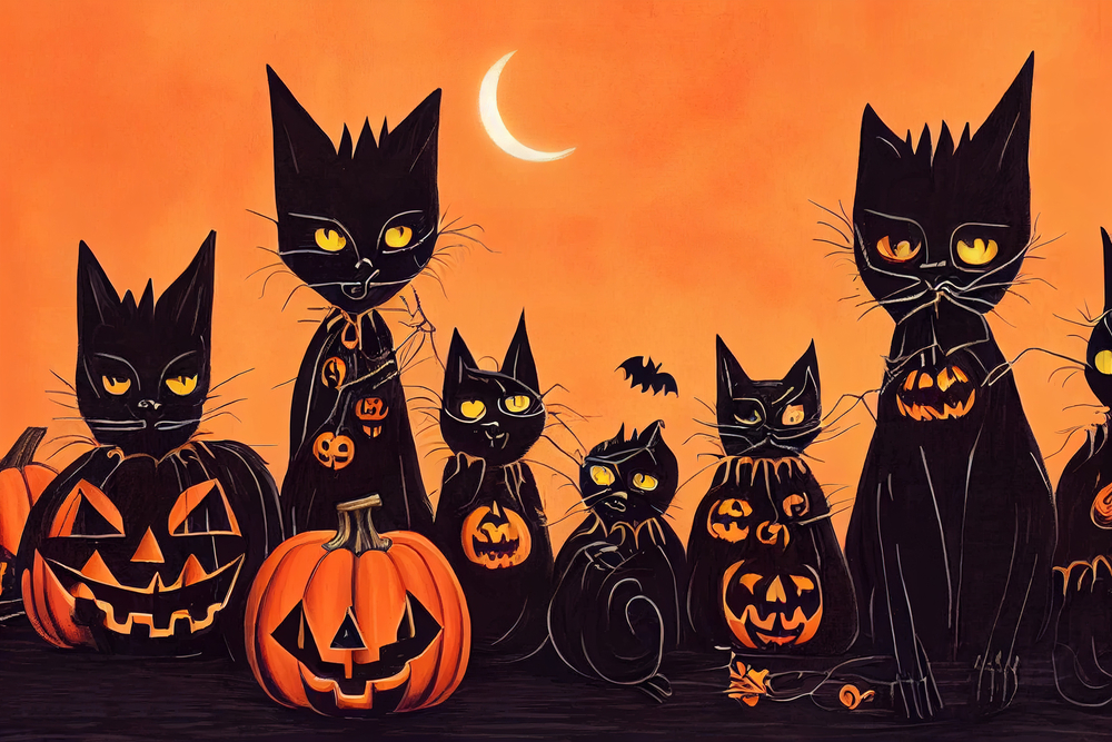 Ілюстрація чорні коти на помаранчевому фоні, Хелловін
