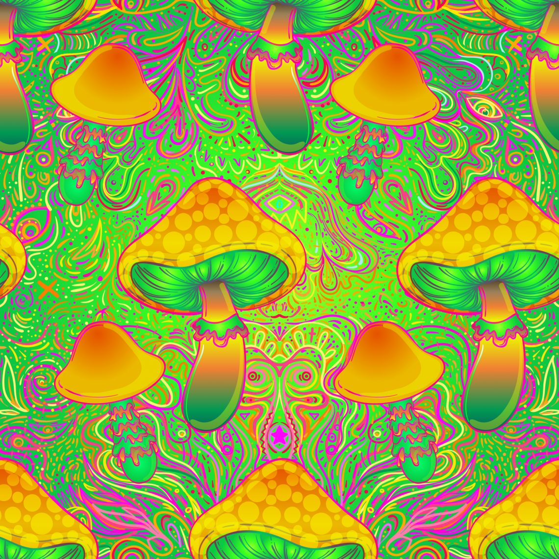 Magic mushrooms.  Psychedelic hallucination. Vibrant  vector ill