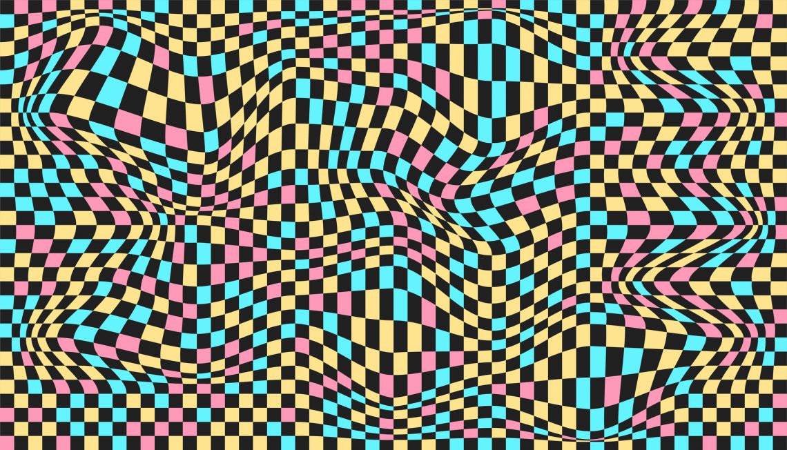 Distorted surface. Chess background with distortion. Optical illusion banner. Op art backdrop. Vector illustration