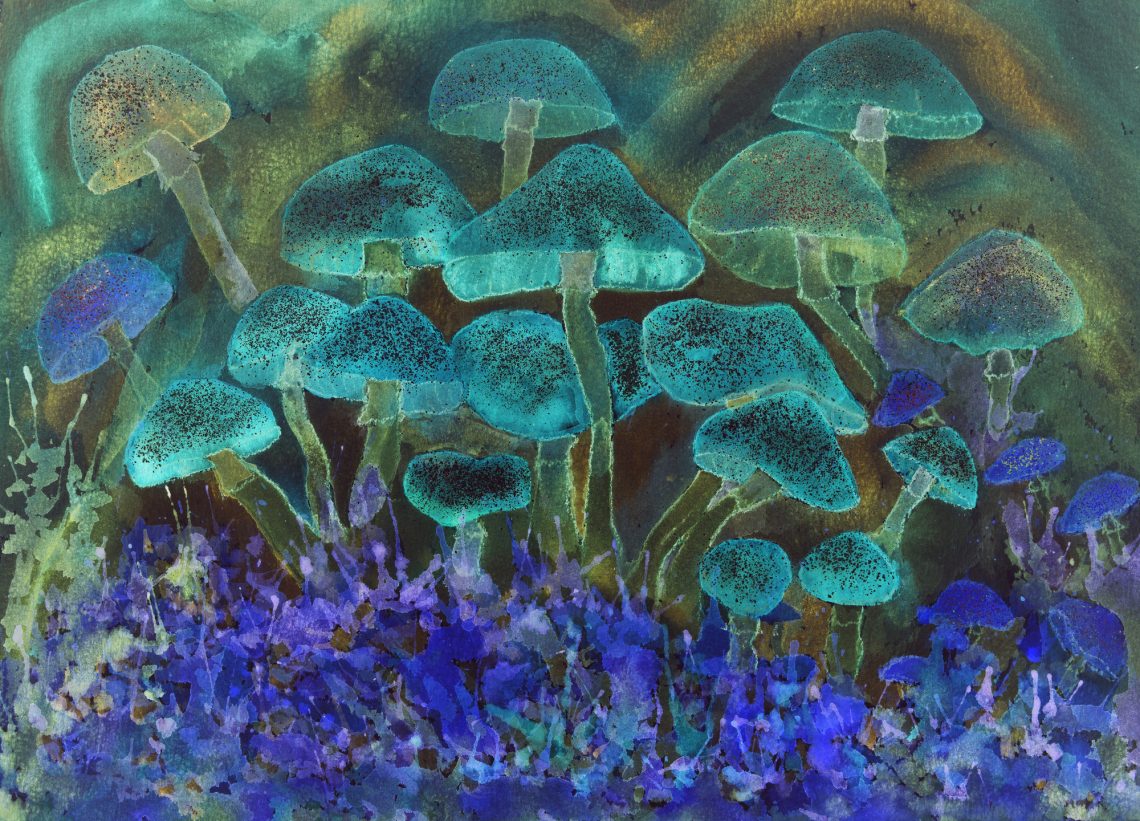 Black specled psychedelic fluorescent mushrooms