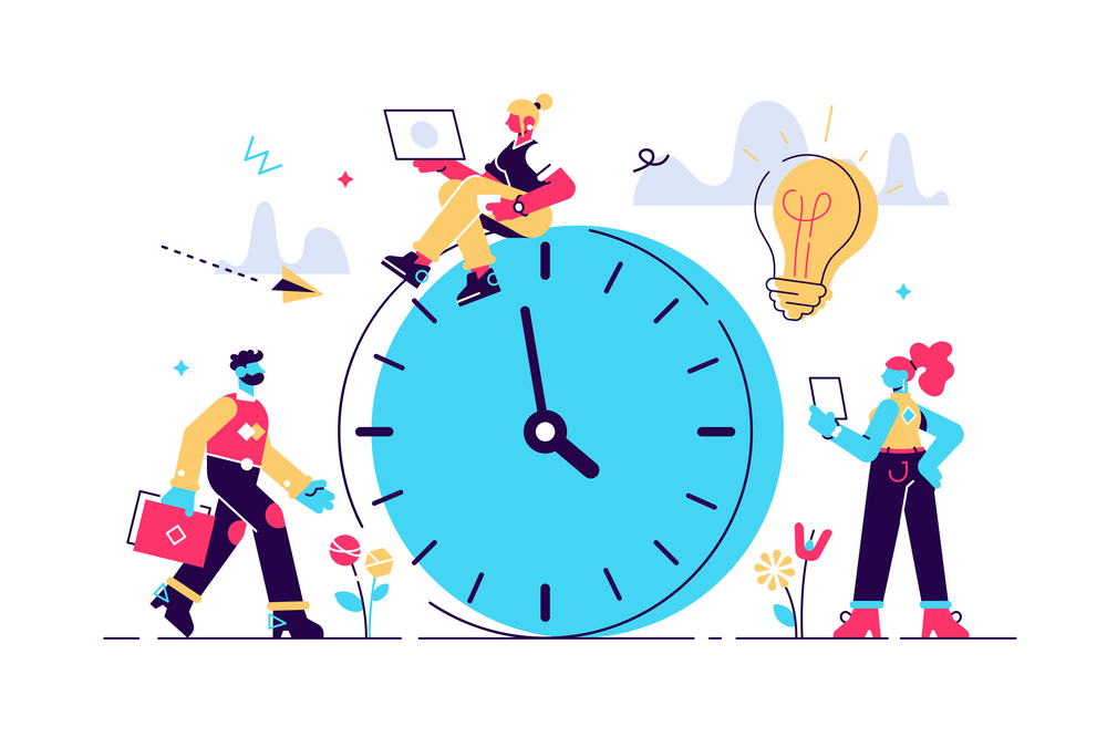 Vector illustration of a clock on white background and people working around symbolising concept of time management
