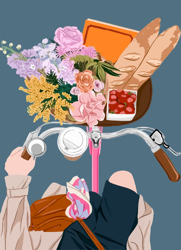 Ілюстрація велосипед з покупками у кошику