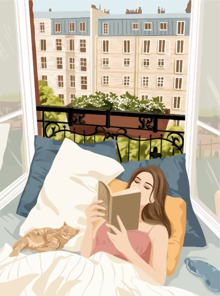 Ілюстрація жінка читає у ліжку