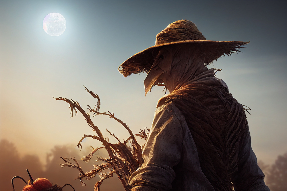 Scary scarecrow character design in farm.3D illustration