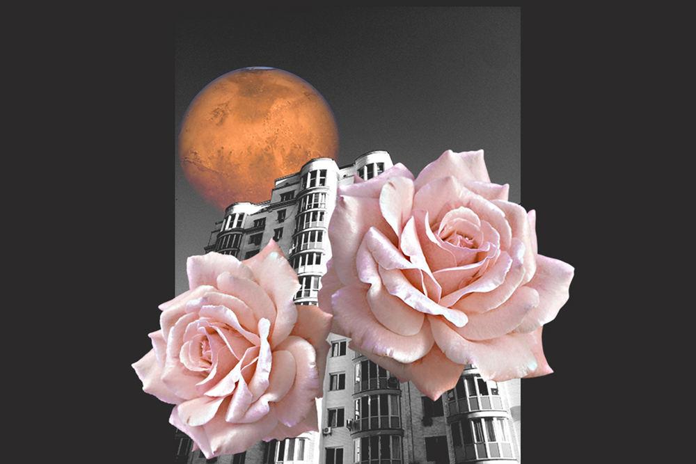 Creative Digital Art collage. Modern Building with rose flowers and red planet on background