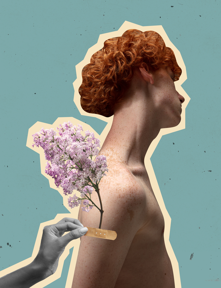 Creative collage with red-head boy and flowers