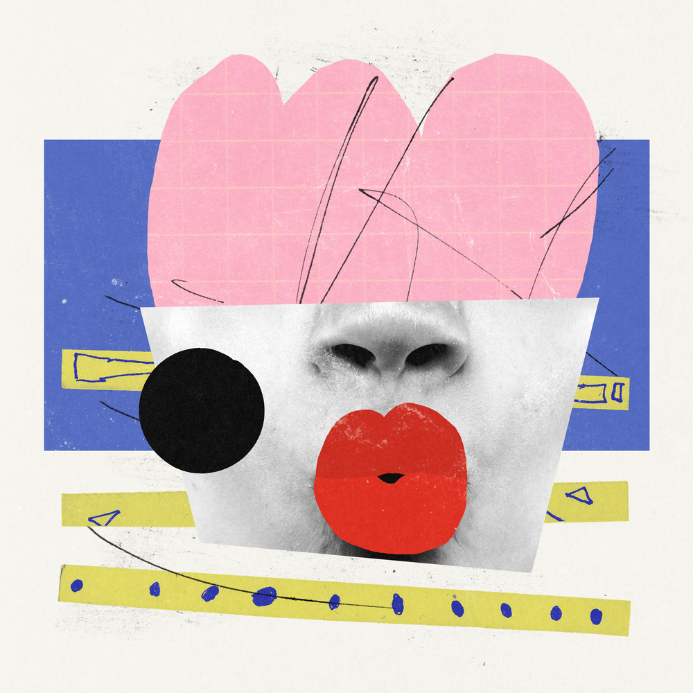 Creative collage with red lips and geometric elements