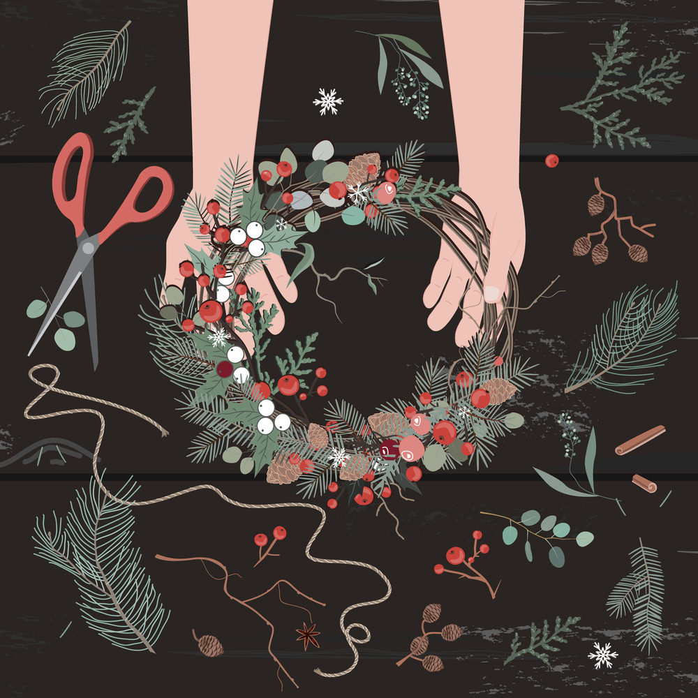 Hands making Christmas wreath composition. Winter holiday creative arrangement made of berries, pine, cones, twigs, fir and eucalyptus branches. DIY and creativity vector illustration.