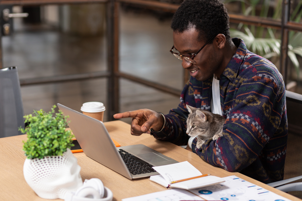 Фото темношкірий чоловік працює за ноутбуком з котом на колінах 