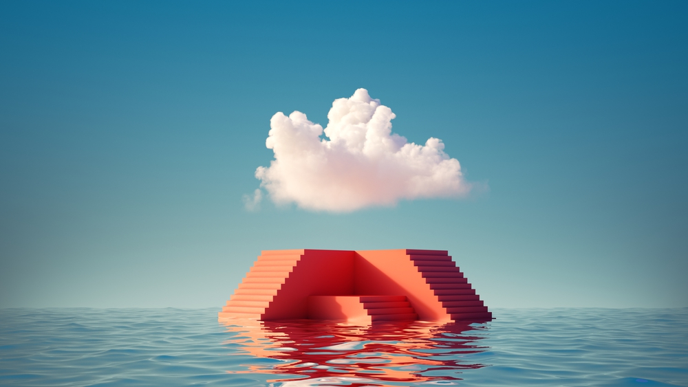 3d render, abstract minimal background with red steps empty pedestal, white cloud in the blue sky and water. Simple showcase for product presentation