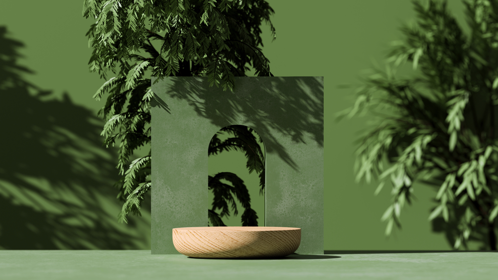 3D-зображення дерев'яний подіум з дерев'яним дисплеєм з тінню від листя
