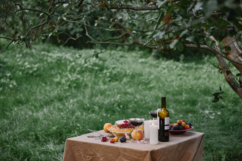 Фото стіл з пирогом, фруктами, вином і свічками у зеленому саду