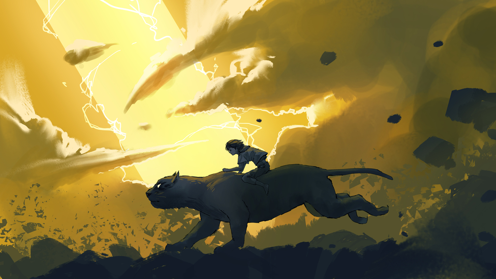 a boy and a panther futuristic nature illustration