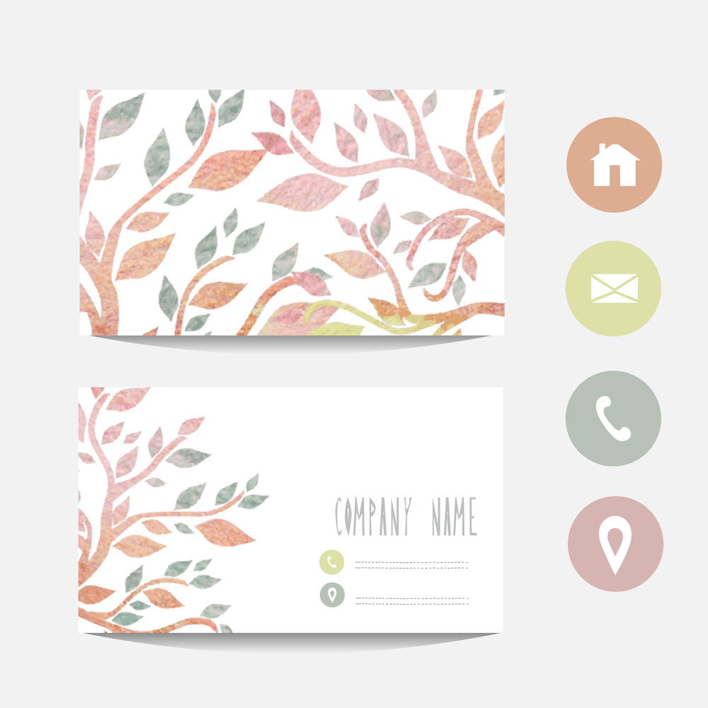 Watercolor business card template with abstract leaves, design element. Can be used also for greeting cards, banners, invitations. Vectorized watercolor background