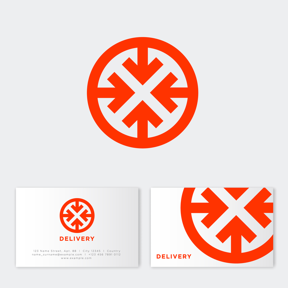 Express delivery logo. Logistic icon. Red simple round symbol with arrow. Identity, business card.